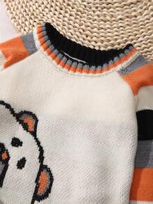 男小童熊圖案條紋飾邊插肩袖套頭毛衣 - 杏色 - 查看 6