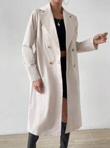 SHEIN Essnce Lapel Neck Double Button Belted Trench Coat - Apricot - View 3