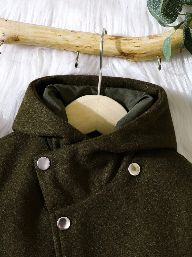 Bebé niño Abrigo con capucha con parche de letra con doble bolsillo - Verde militar - Añade 3