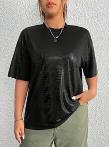 SHEIN EZwear 夏季加大鳄鱼压纹落肩衬衫 - 黑色 - 查看 1