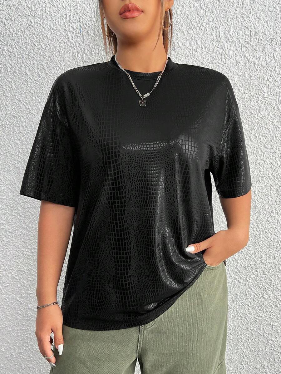 SHEIN EZwear 夏季加大鳄鱼压纹落肩衬衫 - 黑色 - 查看 1