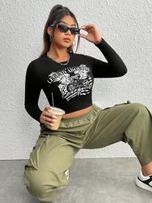 SHEIN EZwear Plus Letter & Skull Print Crop Tee - Black - View 1