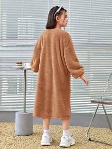 SHEIN Tween Girl Letter Patched Drop Shoulder Teddy Dress - Khaki - View 2