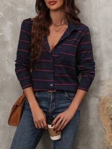 SHEIN LUNE Plaid Print Button Front Shirt - Navy Blue - View 3