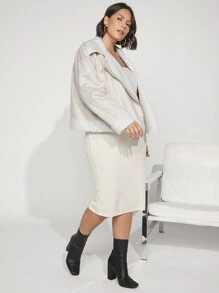 SHEIN BASICS Plus Zip Up Teddy Lined Moto Jacket - Apricot - View 3