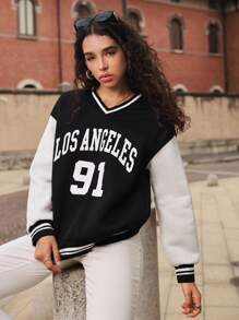 SHEIN Unity Letter Graphic Colourblock Drop Shoulder Sweatshirt - Black and White - View 1