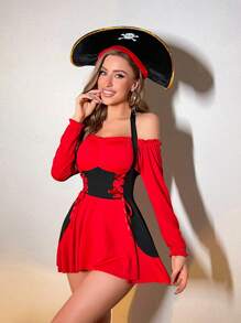 Halloween Colorblock Lace Up Front Pirate Costume Set - Red - View 1