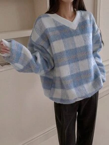 DAZY In kẻ sọc Thả vai Áo chui đầu Oversized - Xanh và trắng - Xem 5