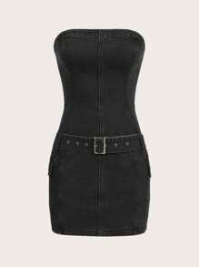 SHEINNeu Belted Tube Bodycon Denim Dress - Black - View 1