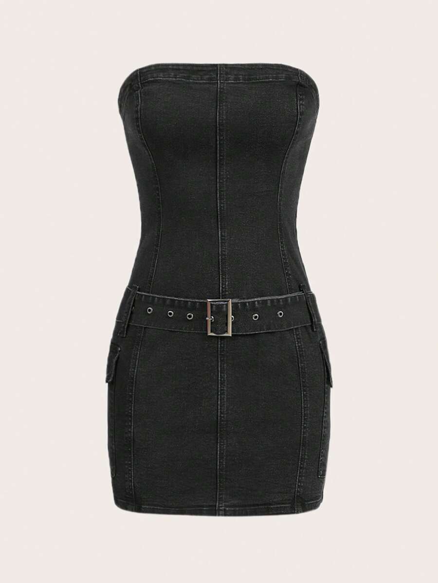 SHEINNeu Belted Tube Bodycon Denim Dress - Black - View 1