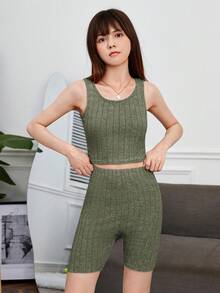 SHEIN Teen Girl Open Front Coat & Tank Top & Biker Shorts - Army Green - View 4