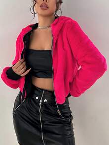 SHEIN Unity Dây kéo Mùa vụ Áo Teddy Jackets - Màu Hồng Tươi - Xem 4