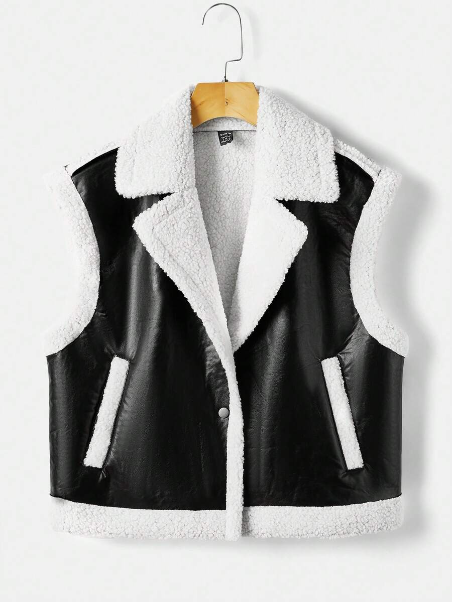 SHEIN EZwear Áo khoác vest da PU có lót bông - màu đen - Xem 1