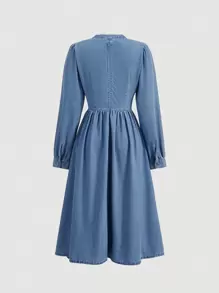 SHEIN MOD Contrast Lace Cut Out Front Denim Dress - Light Wash - View 2