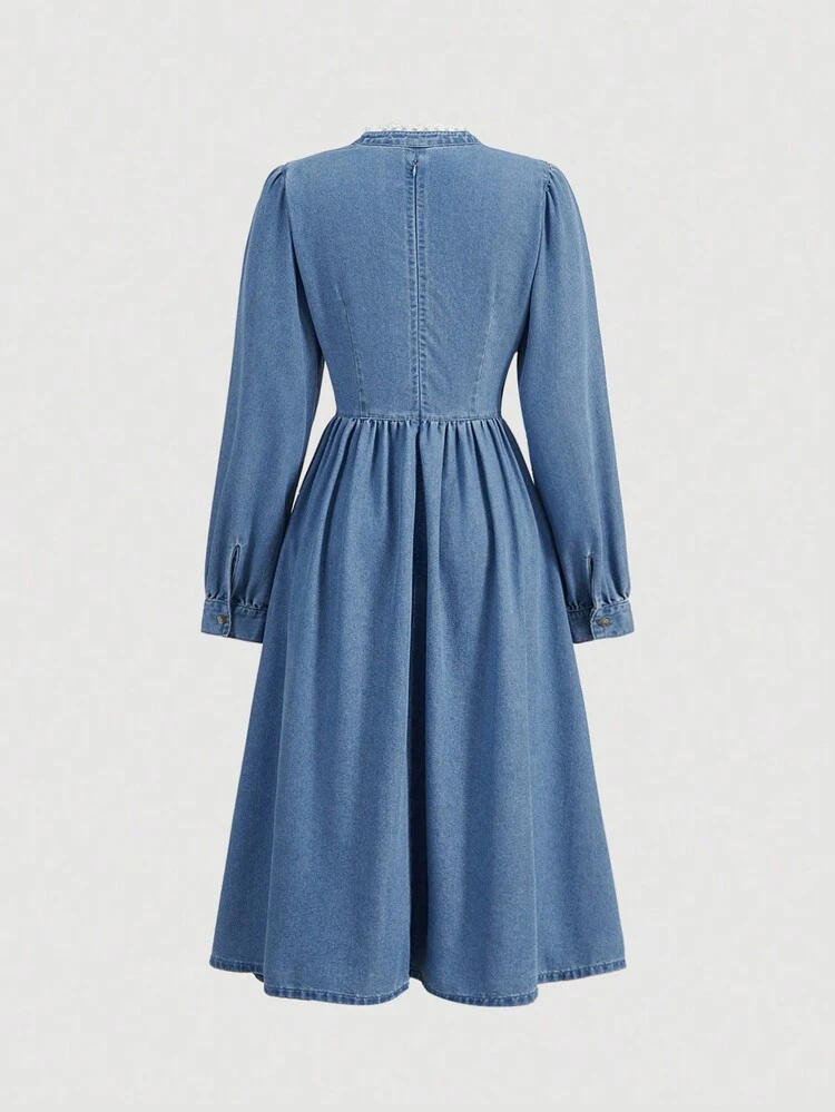 Contrast Lace Cut Out Front Denim Dress