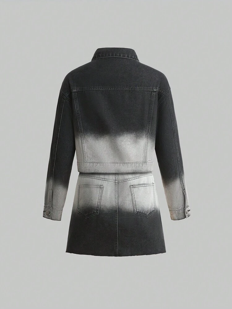 Teen Girl Ombre Flap Pocket Denim Jacket & Skirt