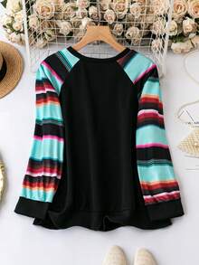 SHEIN LUNE 加大码条纹插肩袖套头卫衣 秋季卫衣 - 黑色 - 查看 2