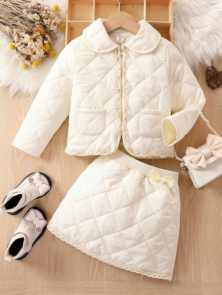 SHEIN Young Girl Solid Quilted Jacket & Bow Front Skirt - Khaki - View 1