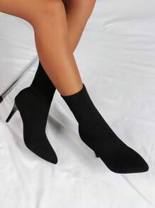 Women's Fashionable Simple & Elegant Knitted Pointed Toe High Heeled Stretch Boots - Black - View 2