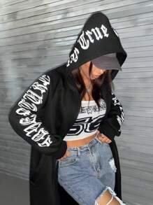 SHEIN EZwear Letter Graphic Zip Up Hoodie - Black - View 1