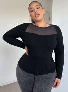 SHEIN SXY 大碼網紗拼接T恤 - 黑色 - 查看 3