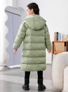SHEIN Tween Girls' Solid Color Hooded Loose Casual Long Cottonl Jacket - Mint Green - View 2