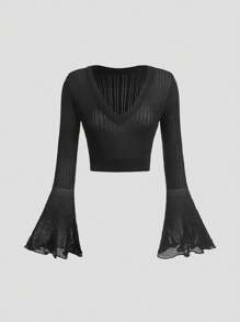SHEIN MOD Suéter liso con cuello en V y manga acampanada - Negro - Ver 1