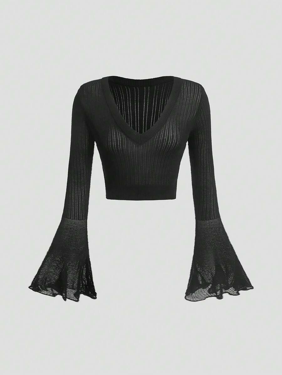 SHEIN MOD Suéter liso con cuello en V y manga acampanada - Negro - Ver 1