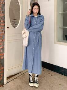 DAZY Solid Button Through Belted Denim Dress,Fall Clothes - Blue - View 6