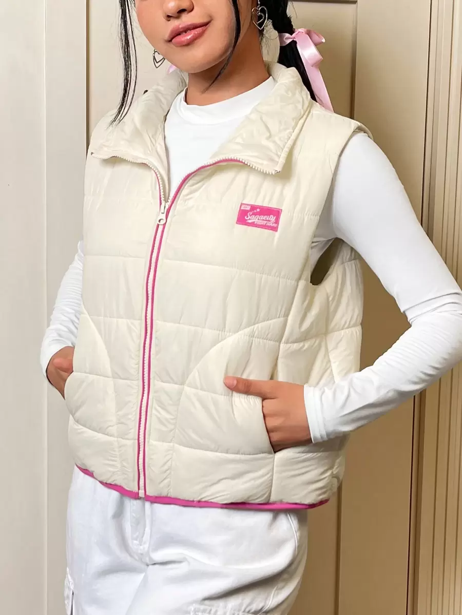 SHEIN EZwear Letter Patched Detail Contrast Binding Zipper Vest Padded Coat - Beige - View 1