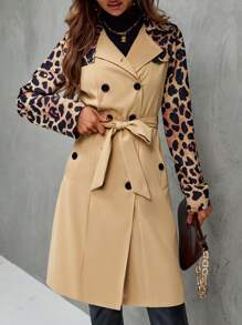 SHEIN LUNE 豹紋印花雙排釦腰帶風衣外套 - 彩色 - 查看 6