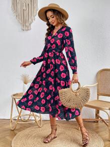 SHEIN VCAY Allover Floral Print Belted Dress - Multicolor - View 5