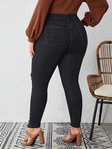 SHEIN LUNE Plus Button Fly Ripped Raw Cut Skinny Jeans - Black - View 2