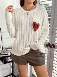 SHEIN Clasi 加大码心形图案麻花针织落肩毛衣套头衫秋冬毛衣 - 白色 - 查看 1