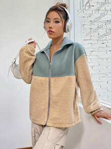 SHEIN Unity Chaqueta de forro polar tipo teddy con bloques de color, casual y para ir al trabajo, para otoño/invierno - Multicolor - Ver 6