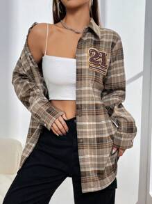SHEIN Unity 格紋印花前紐扣外套 - 棕色 - 查看 5