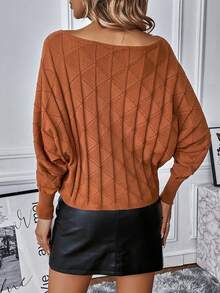 SHEIN Essnce Boat Neck Batwing Sleeve Pointelle Knit Sweater - Brown - View 2
