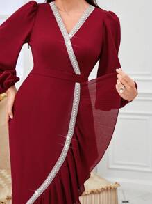 Modelyn 勃艮第红灯笼袖荷叶边裹身下摆连衣裙 - 酒紅色 - 查看 6