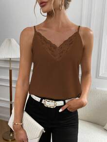SHEIN Privé 蕾絲拼接吊帶上衣 - 咖啡棕 - 查看 4