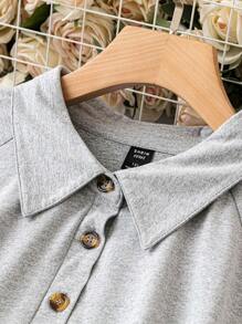 SHEIN LUNE Hơn Túi kangaroo Nút Nửa Áo nỉ - Xám - Xem 3