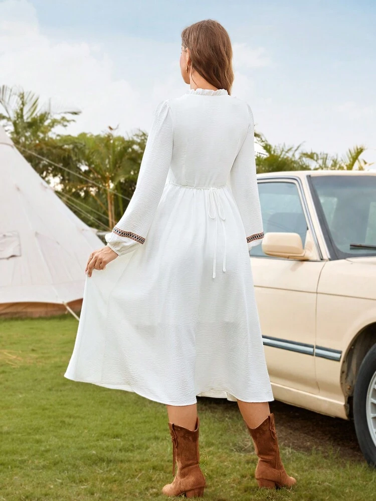 Tassel Tie Neck Lantern Sleeve Dress