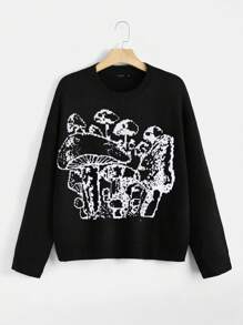Flirla Plus Mushroom Pattern Drop Shoulder Sweater Knit Pullover Fall Winter Sweater - Black - View 1