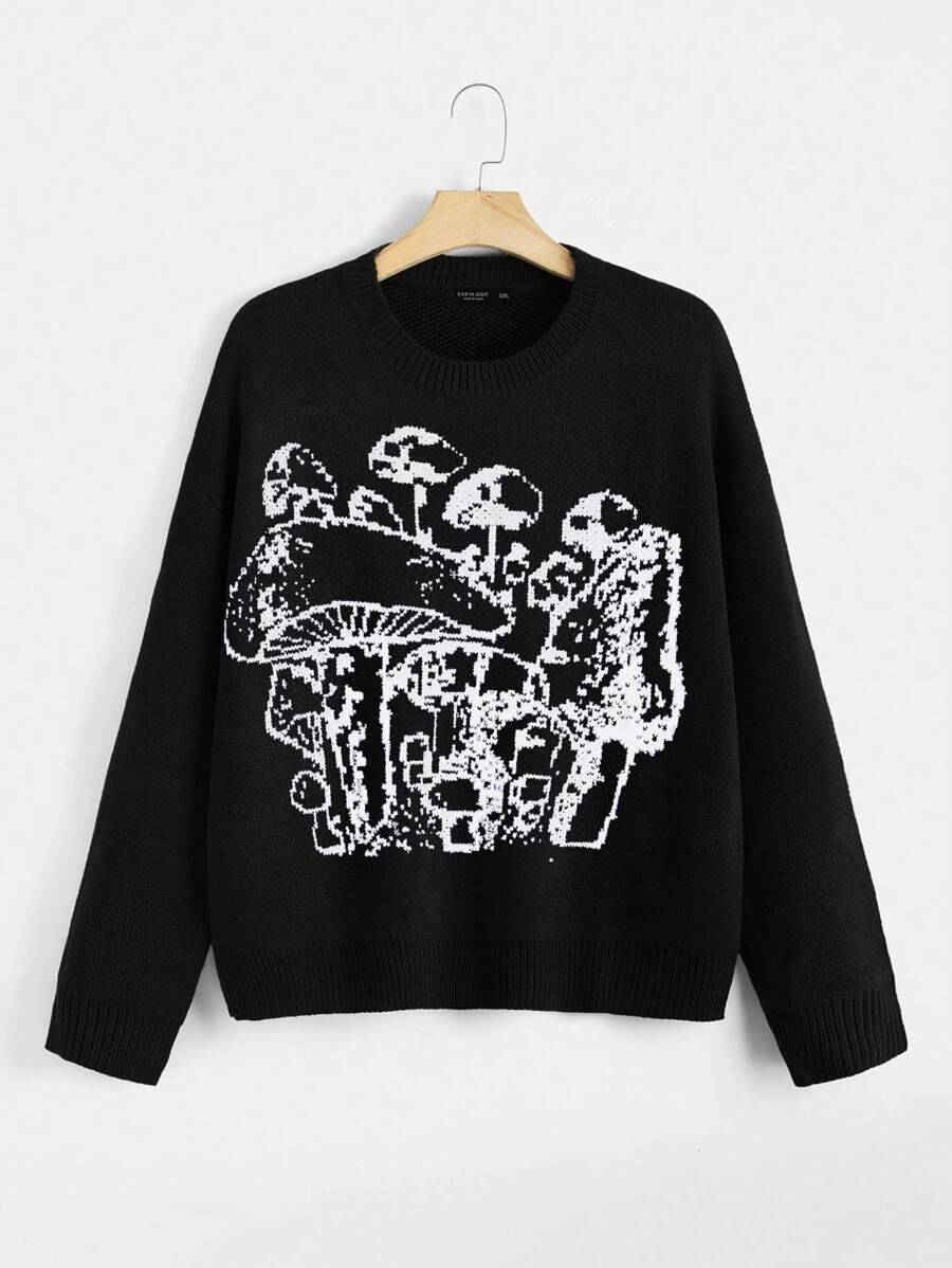 Flirla Plus Mushroom Pattern Drop Shoulder Sweater Knit Pullover Fall Winter Sweater - Black - View 1