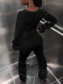 Slaydiva Drawstring Front Crop Velvet Top & Pants - Black - View 2