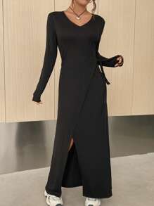 SHEIN EZwear Solid Wrap Hem Dress - Black - View 3