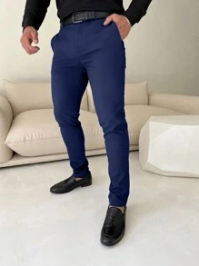 Manfinity Mode Men Solid Slant Pocket Suit Pants Without Belt - Royal Blue - View 3