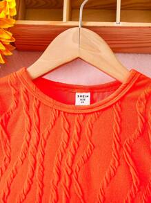 SHEIN 女小童熒光橙素色木耳邊洋裝