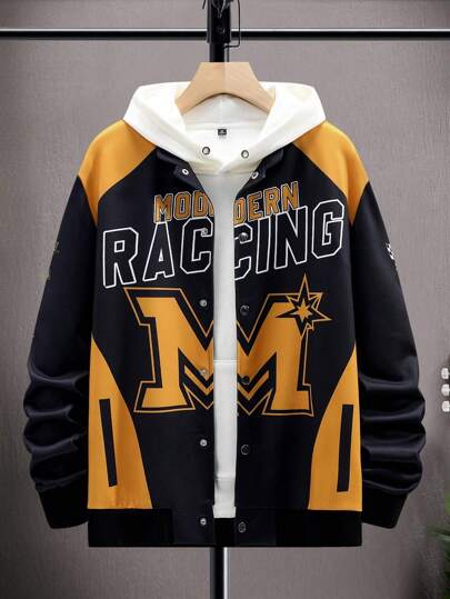 Manfinity LEGND 男士寬鬆字母圖形拼色下垂肩夾克外套（無連帽）