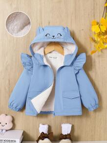 SHEIN 女嬰卡通圖案荷葉邊毛絨內襯連帽夾克 - 藍色 - 查看 1