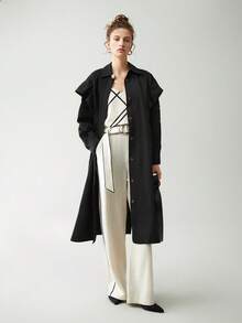 Anewsta Viền Ruffle Nút phía trước Áo khoác Trench - màu đen - Xem 4